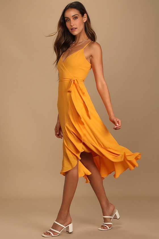 Cute Wrap Dress - Midi Dress - Orange Dress - Ruffled Dress - Lulus